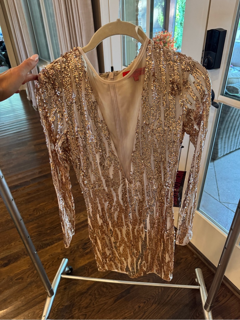 WOW couture Rose Gold Sequin Deep V Long Sleeve Mini Dress